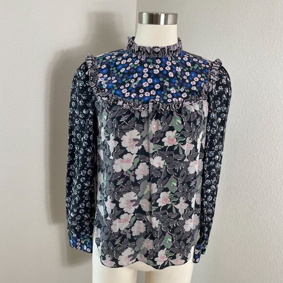 Rebecca Taylor Womens 4 Mix Floral 100% Silk Blouse Long Sleeve Ruffle High Neck - Picture 1 of 11